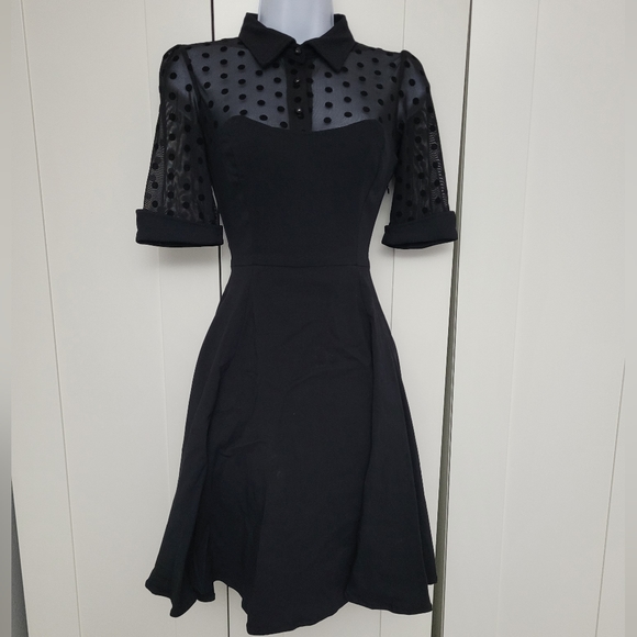 NWOT Collectif Wednesday Black Flocked Polka Dot Collared Swing Dress - Picture 10 of 16